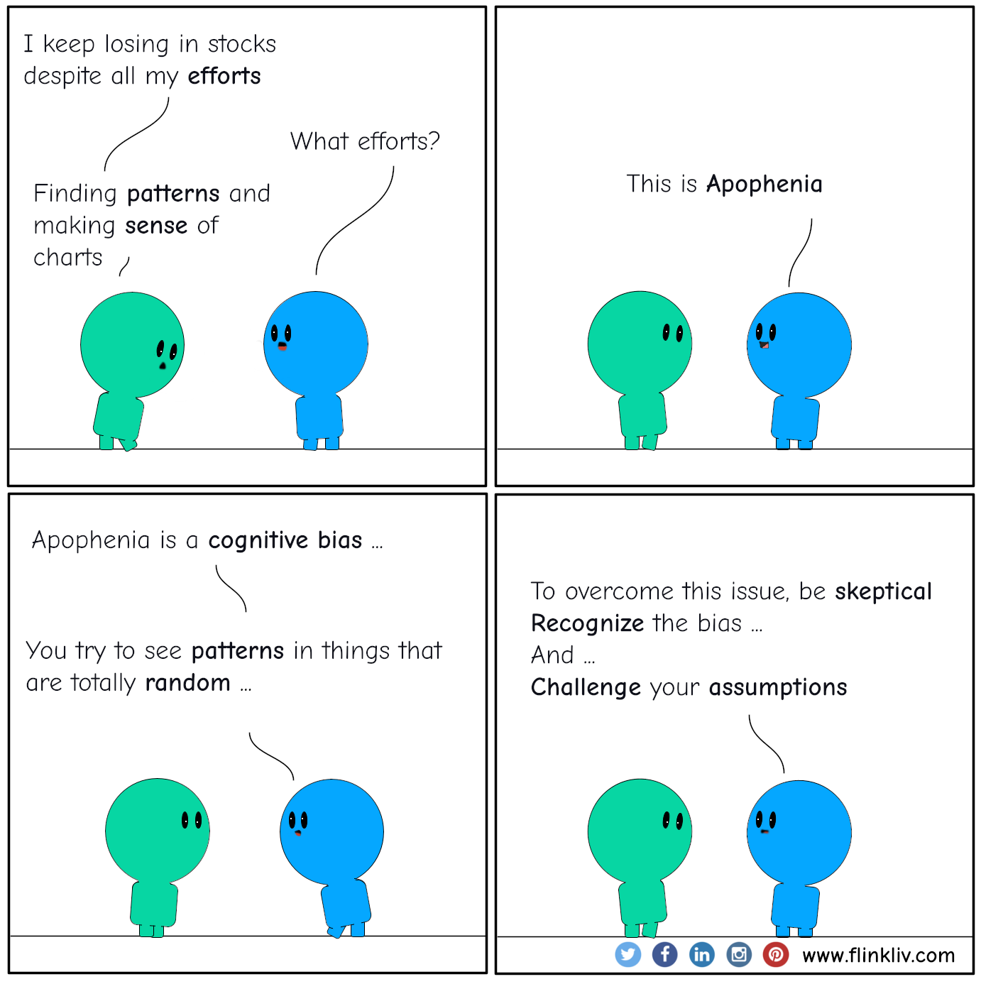Conversation between A and B about the Apophenia bias. A: I keep losing in stocks despite all my efforts B: What efforts? A: Finding patterns and making sense of charts B: This is Apophenia B: Apophenia is a cognitive bias; you try to see patterns in things that are totally random. B: To overcome this issue, be skeptical, recognize the bias, and challenge your assumptions.
				By Flinkliv.com