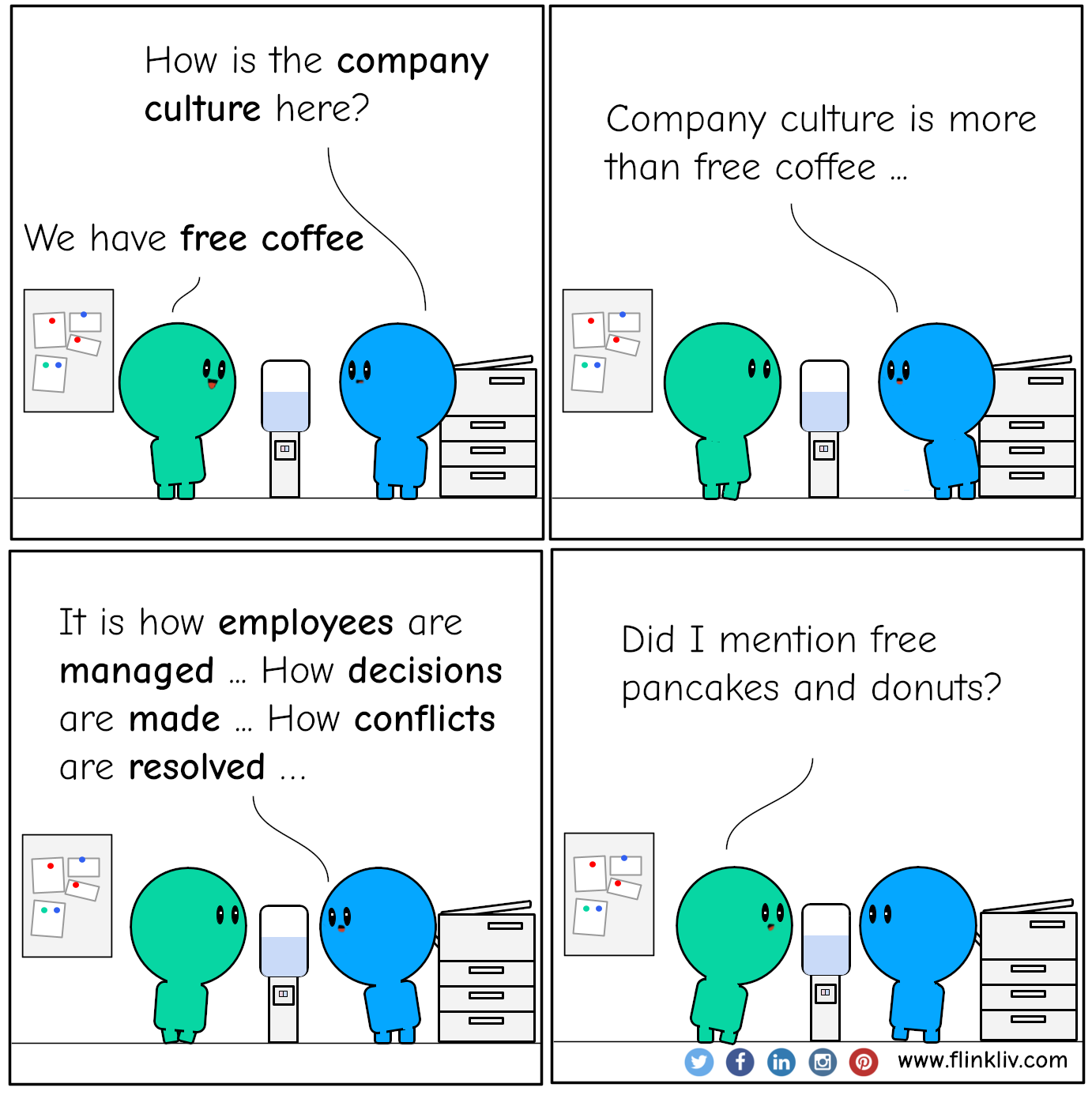 Conversation between A and B about company culture and values. A: How is the company culture here? B: It is great; we have free coffee. B: Company culture is more than free coffee. B: Company culture is how employees are managed, how decisions are made, how conflicts are resolved, how your customers are treated. A: Did I mention that we also have free pancakes and donuts on Fridays? By flinkliv.com