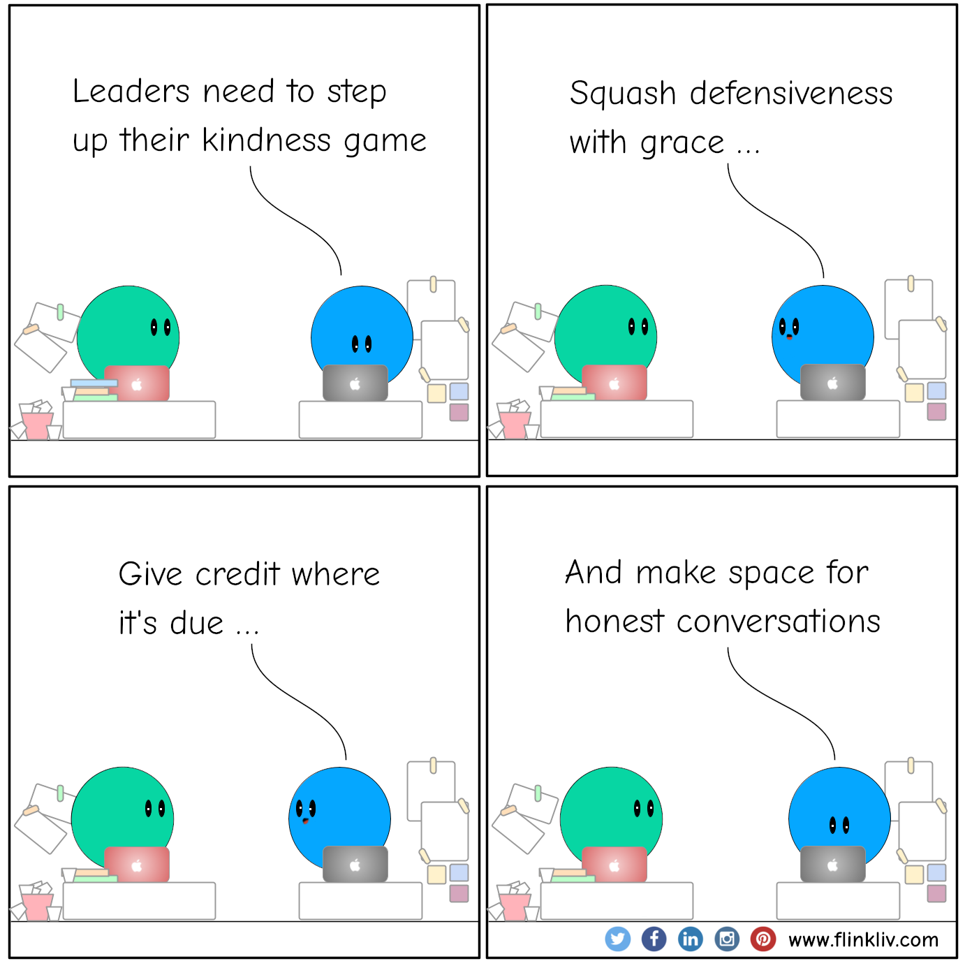 Conversation between A and B about the power of communicating with kindness. B: Leaders need to step up their kindness game. Squash defensiveness with grace, give credit where it's due, and make space for honest conversations. By flinkliv.com