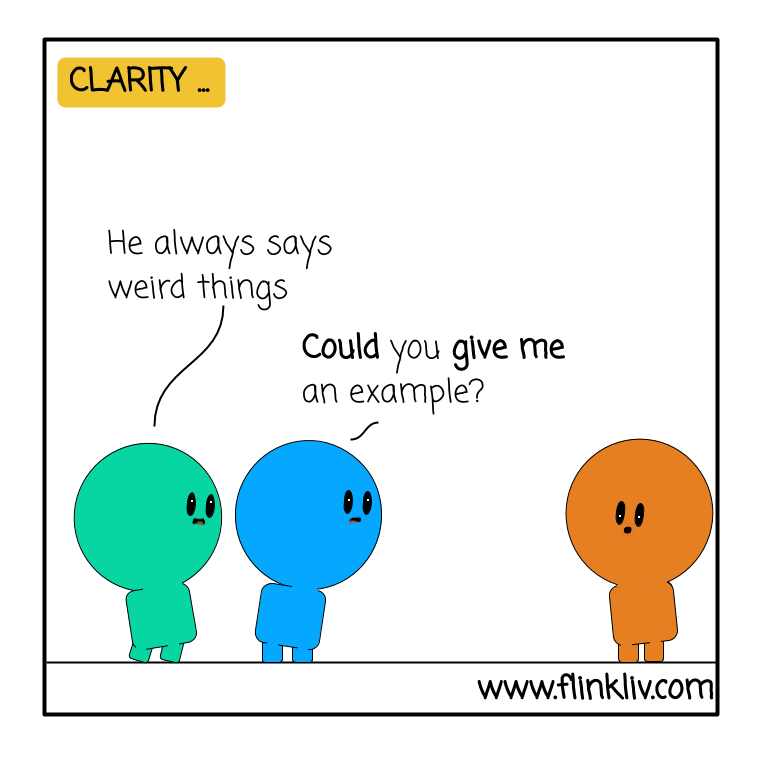 Conversation between A and B about Clarity. A: He always says weird things. B: Could you give me an example? By flinkliv.com