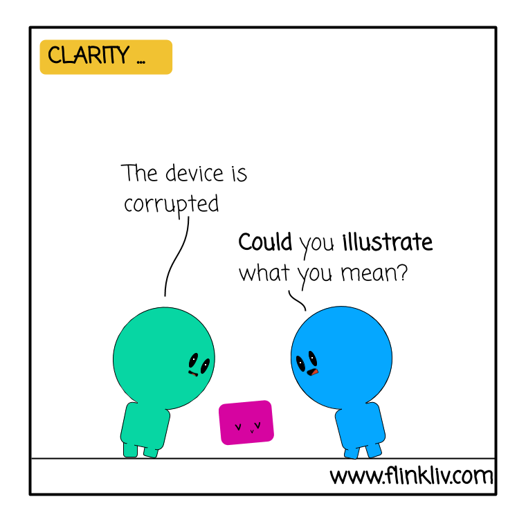 Conversation between A and B about Clarity. A: The device is corrupted. B: Could you illustrate what you mean? By flinkliv.com