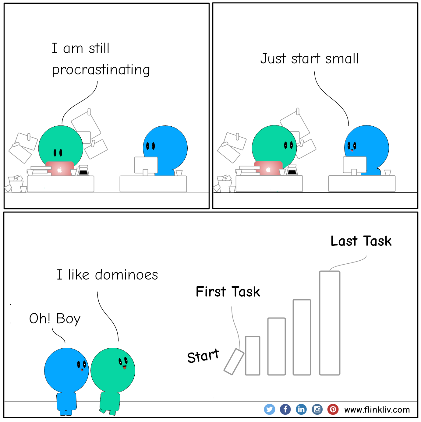 Conversation between A and B about to just start small to fight procrastination. A: I am still procrastinating B: Just start small. By flinkliv.com