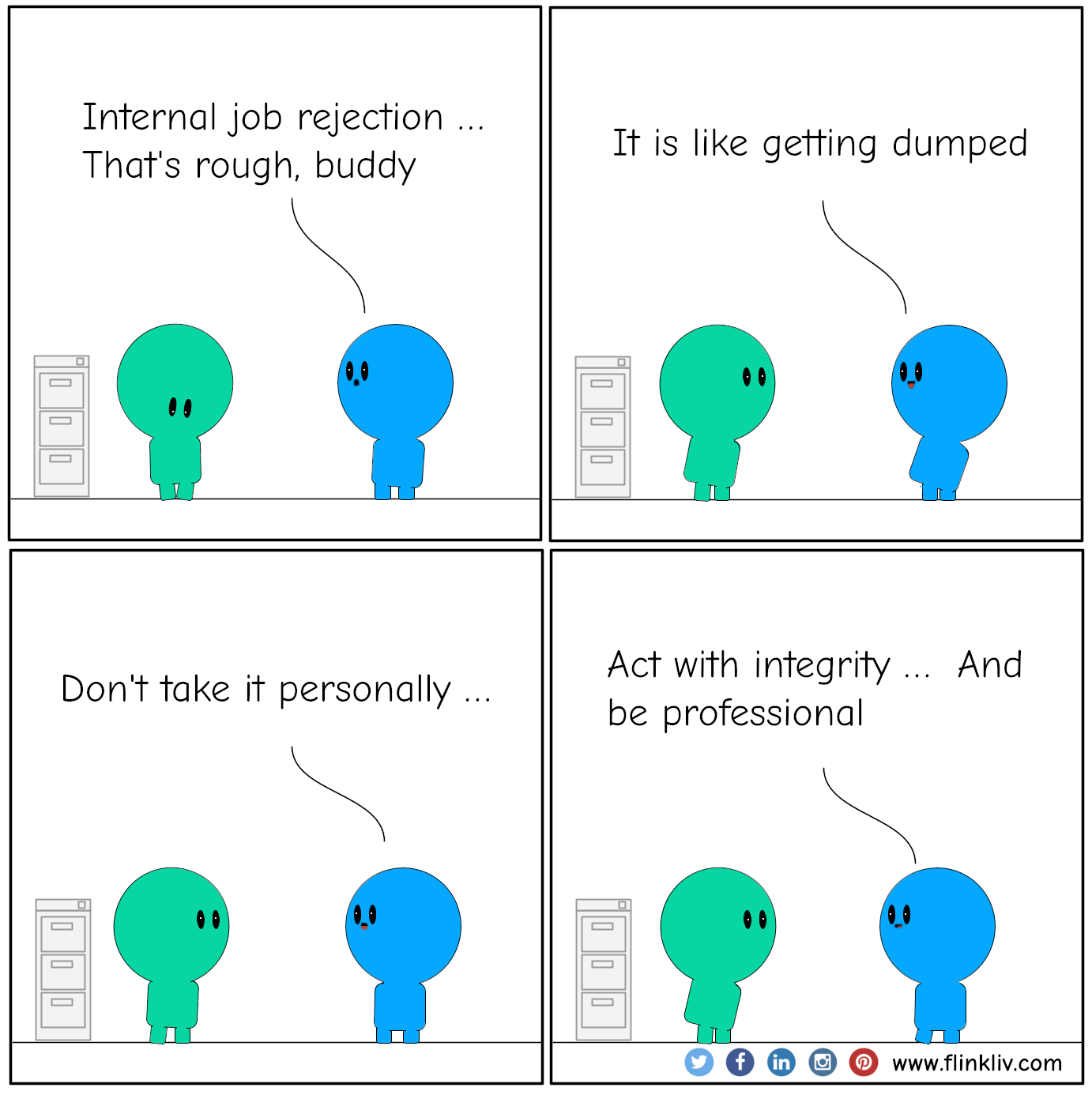 Conversation between A and B about how to handle internal job rejection. B: Internal job rejection, That's rough, buddy. B: It is like getting dumped. B: Don't take it personally. B: Act with integrity, and be professional. By flinkliv.com