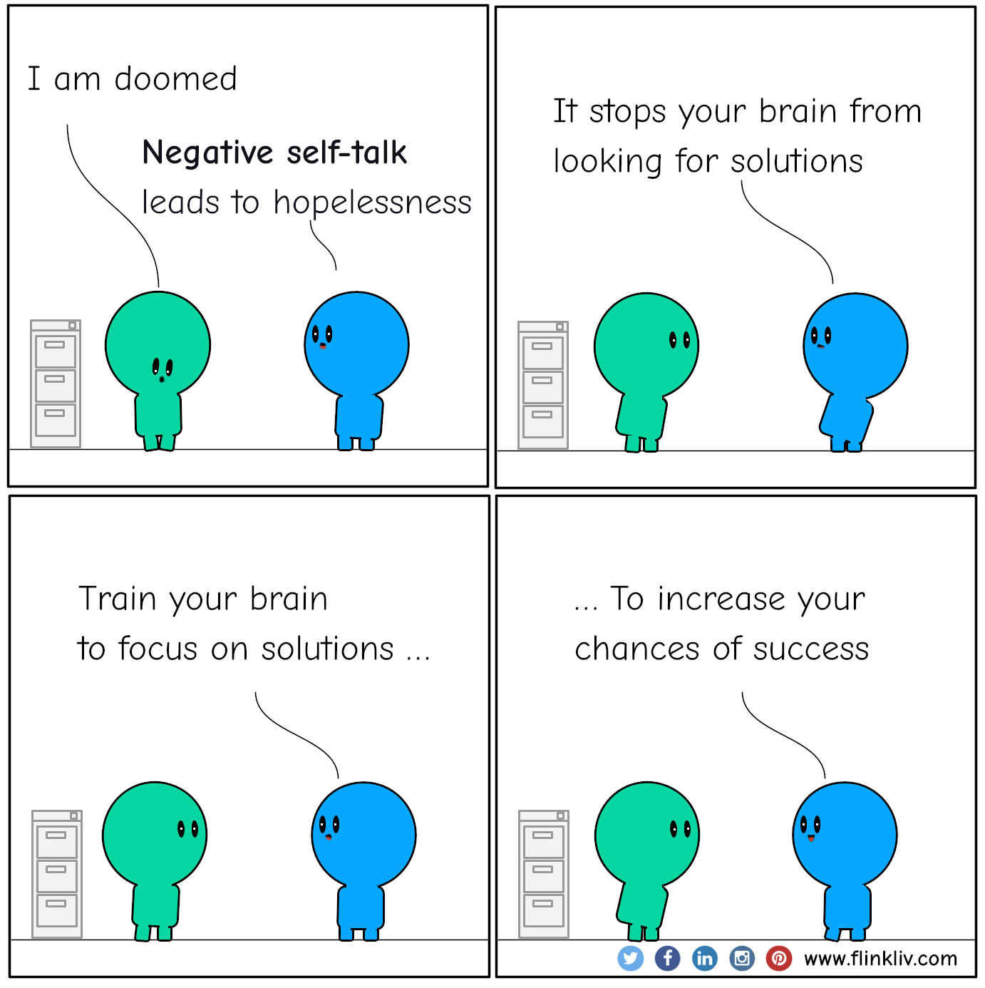 Conversation between A and B about avoiding negative self-talk. A: I am doomed. B: Negative self-talk leads to hopelessness B: Negative self-talk stops your brain from looking for solutions. B: Train your brain to focus on solutions to increase your chances of success. By flinkliv.com