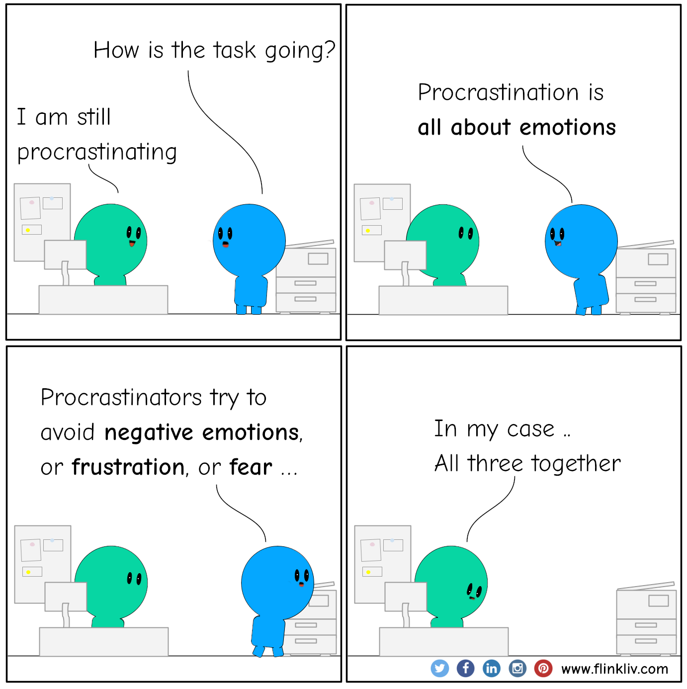 Conversation between A and B about procrastination.
                                B: how is the report going?
                                A: not even started
                                B: This is procrastination
                                B: Procrastination is all about emotions. Procrastinators try to avoid negative emotions, or frustration, or fear … 
                                A: In my case ..  
                                All three together 
								By flinkliv.com
                            
