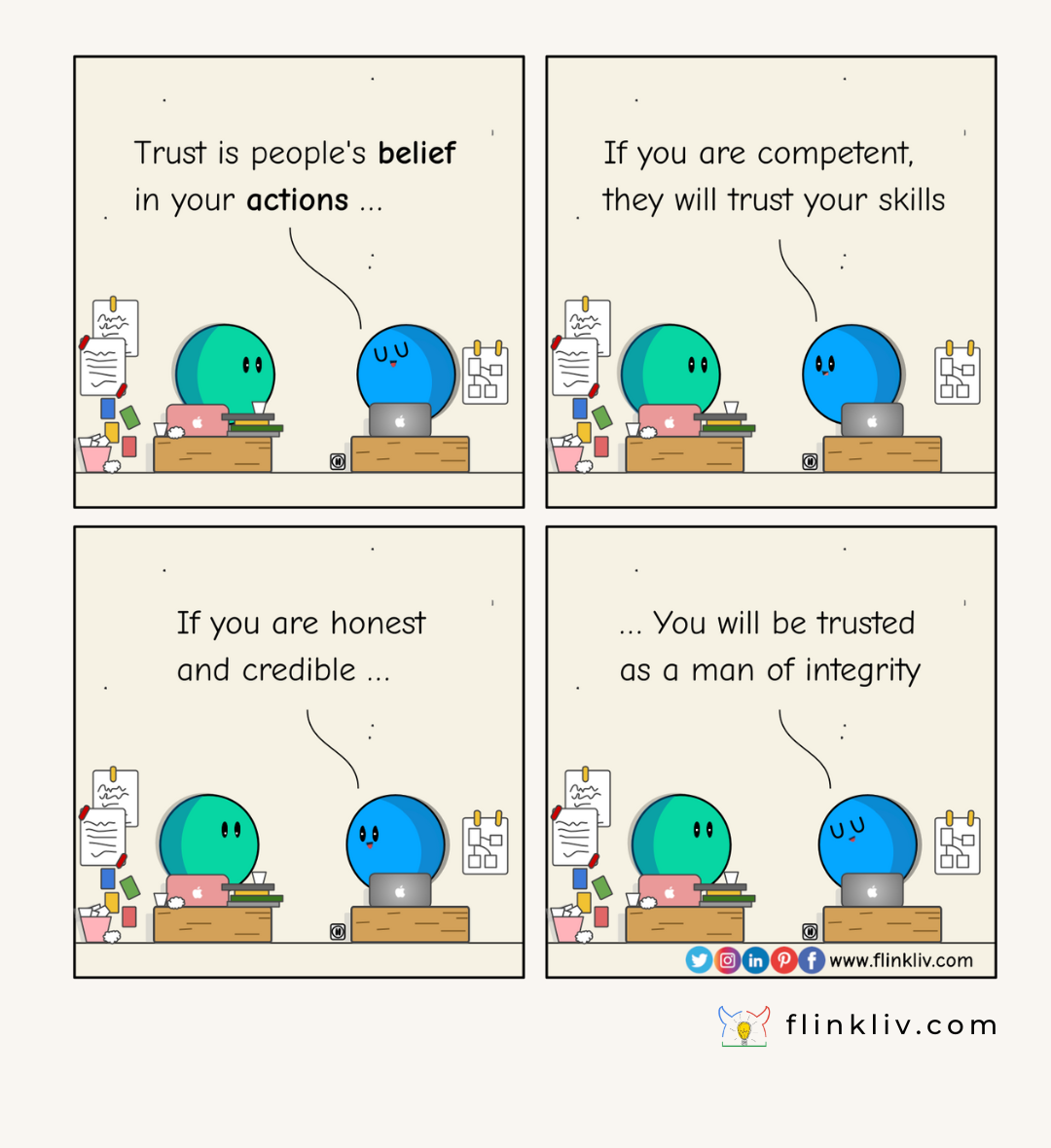Converaation between A and B about how to earn trust at work with reverse thinking B: Trust is people's belief in your actions. if you are competent, they will trust your skills. If you are honest and credible, you will be trusted as a man of integrity. By Flinkliv.com