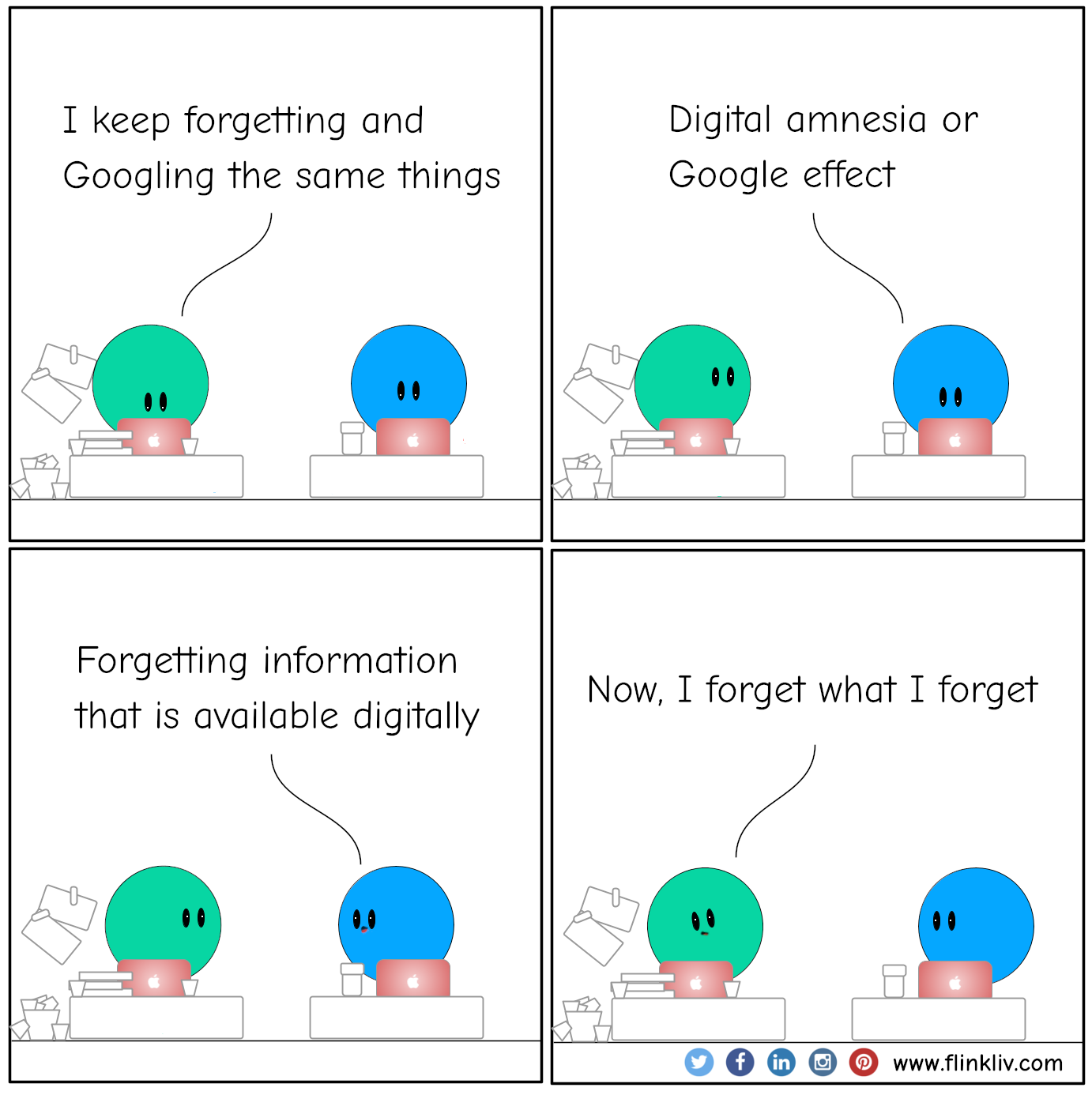 Conversation between A and B about Digital amnesia or Google effect
				A: I keep forgetting and Googling the same thing
				B: Digital amnesia or Google effect
				B: Forgetting information that is available digitally.
				A: Digital what? I will google it later
				A: Now, I forget what I forget
              