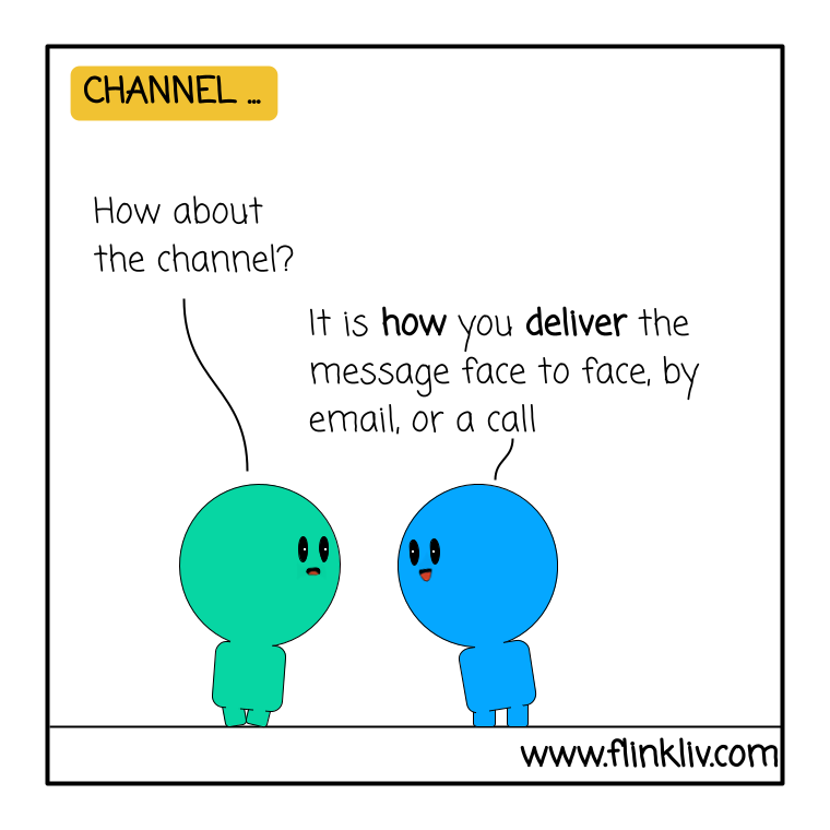 Conversation between A and B about the channel in communication. A: How about the channel?
                B: It is how you deliver the message face to face, by email, or a call. 
              