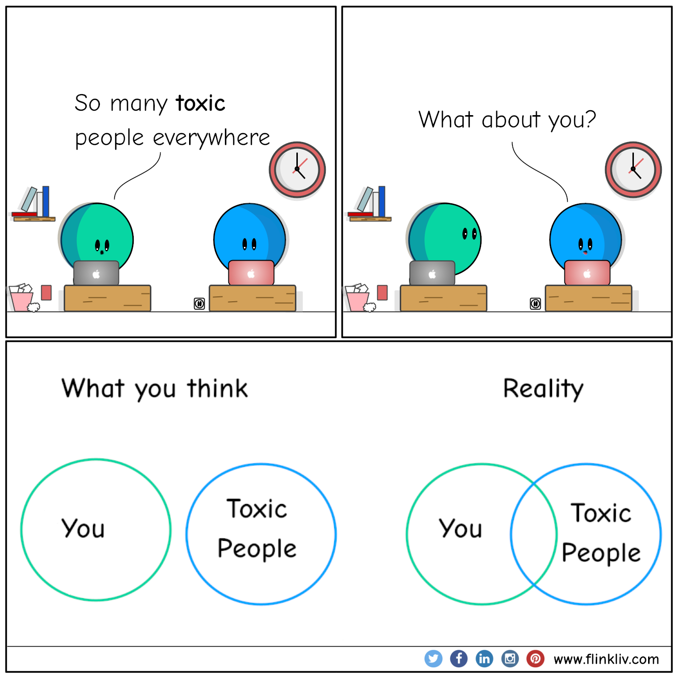 Conversation between A and B about toxic people.
				A: So many toxic people everywhere
				B: What about you?

			
