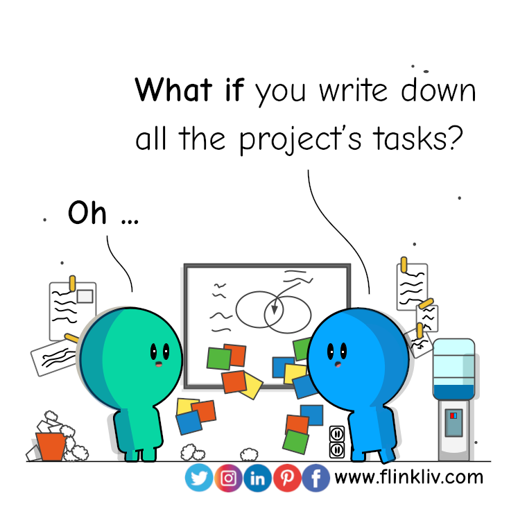 Conversation between A and B about Analysis. A: What if you write down all the project’s tasks? B: Oh!
