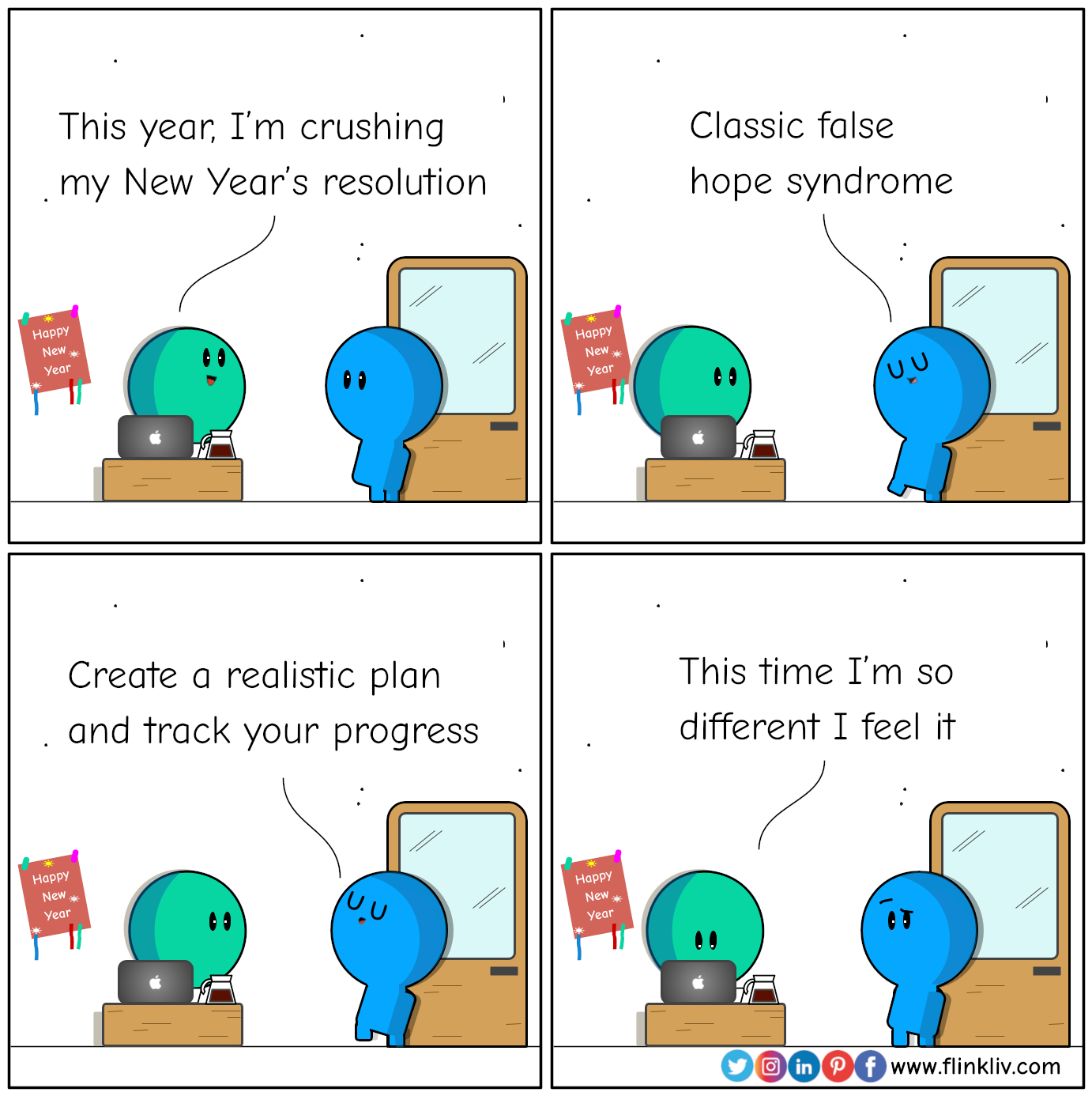 Conversation between A and B to overcome the false hope syndrome. 
    B: What's up?
    A: Writing New Year's resolution.
    A: This year will be different, I promise.
    B: Be aware of the false hope syndrome. Only 8% of people keep their resolutions.
    B:Be realistic, plan, stick to it, and track your progress.
    A:I will be among the 8%. No doubt about it.
    By flinkliv.com