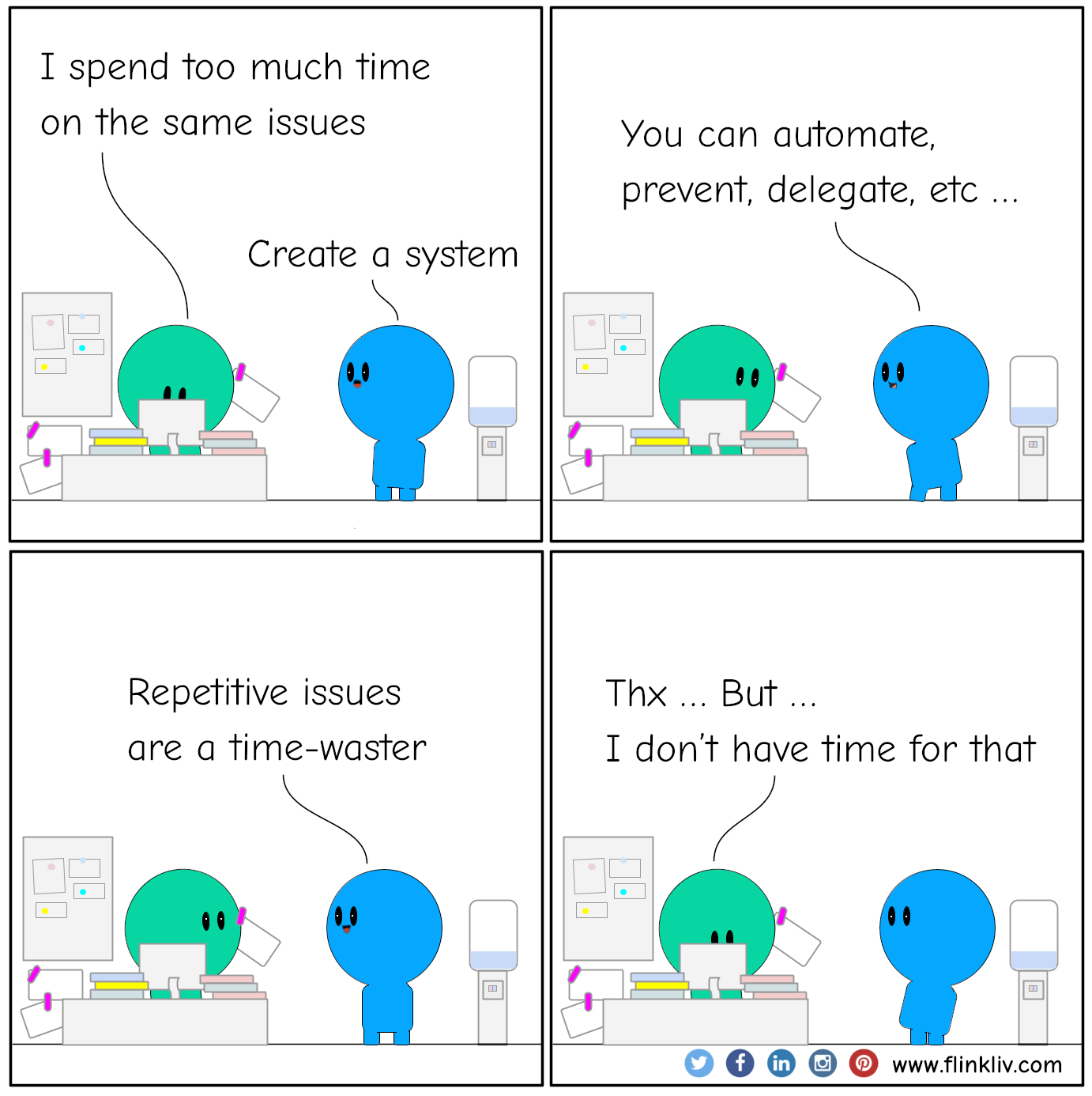 Conversation between A and B about adressing repetitive issues.
				A: I spend too much time on the same issues.
				B: Create a system.

				B: You can automate, prevent, delegate, etc.

				B: Repetitive issues are a time-waster.

				A: Thx, but I don't have time for that.
				