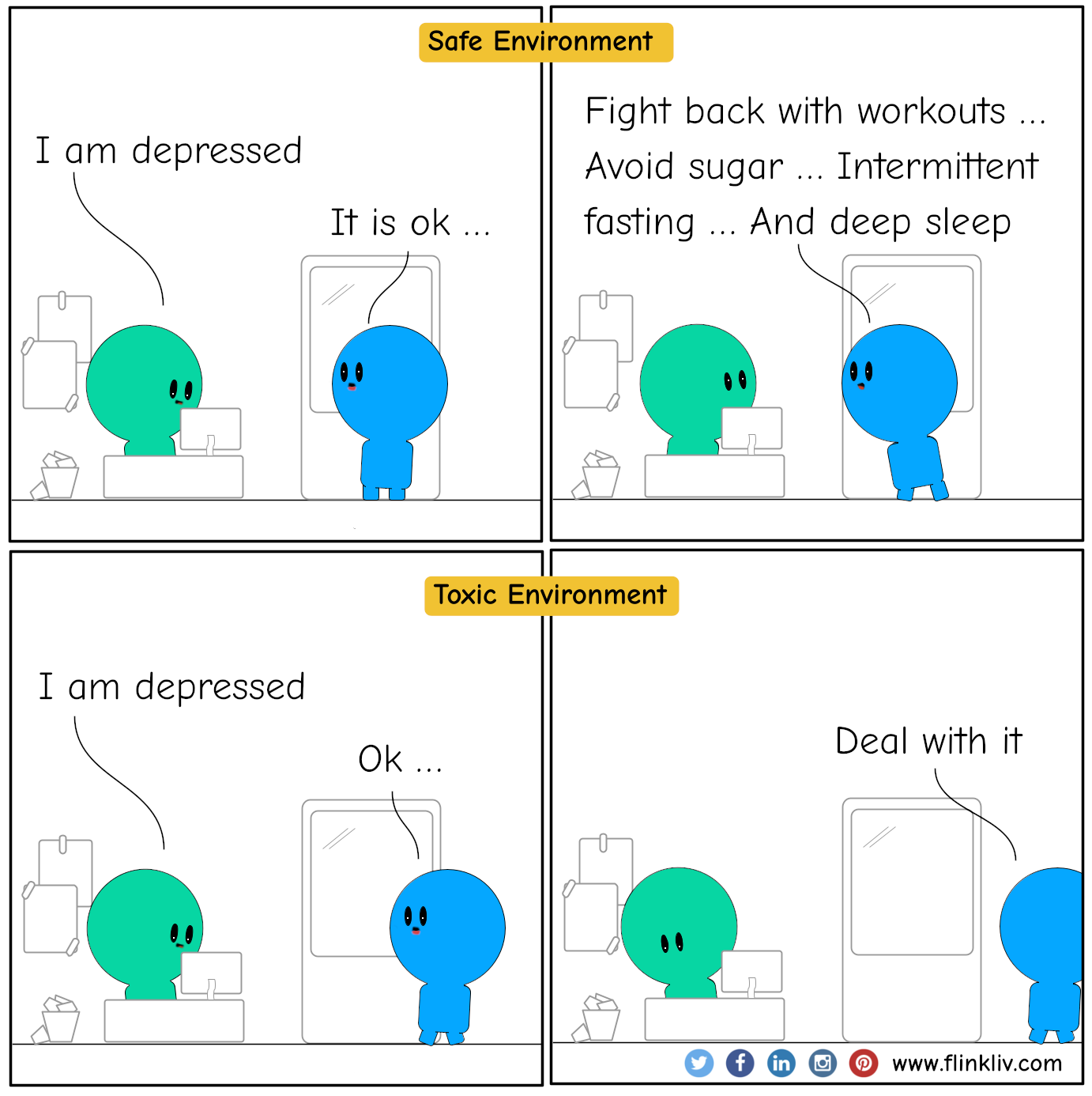 Title: Safe Environment
				A: I am depressed.
				B: It is ok; fight back with workouts, avoid sugar, intermittent fasting, and deep sleep.
				Title: Toxic Environment
				A: I am depressed.
				B: Ok.
				B:Deal with it.
              