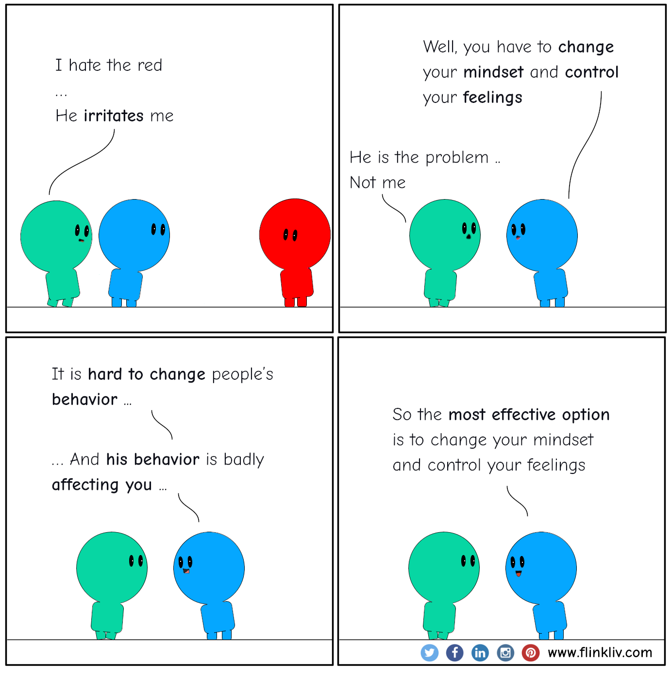 Conversation between A and B about changing your behavior to deal with difficult-people. A: I hate the red; he irritates me B: Well, you have to change your mindset and control your feelings A: He is the problem, not me B: It is hard to change people’s behavior, and his behavior is badly affecting you B: So the most effective option is to change your mindset and control your feelings. By flinkliv.com