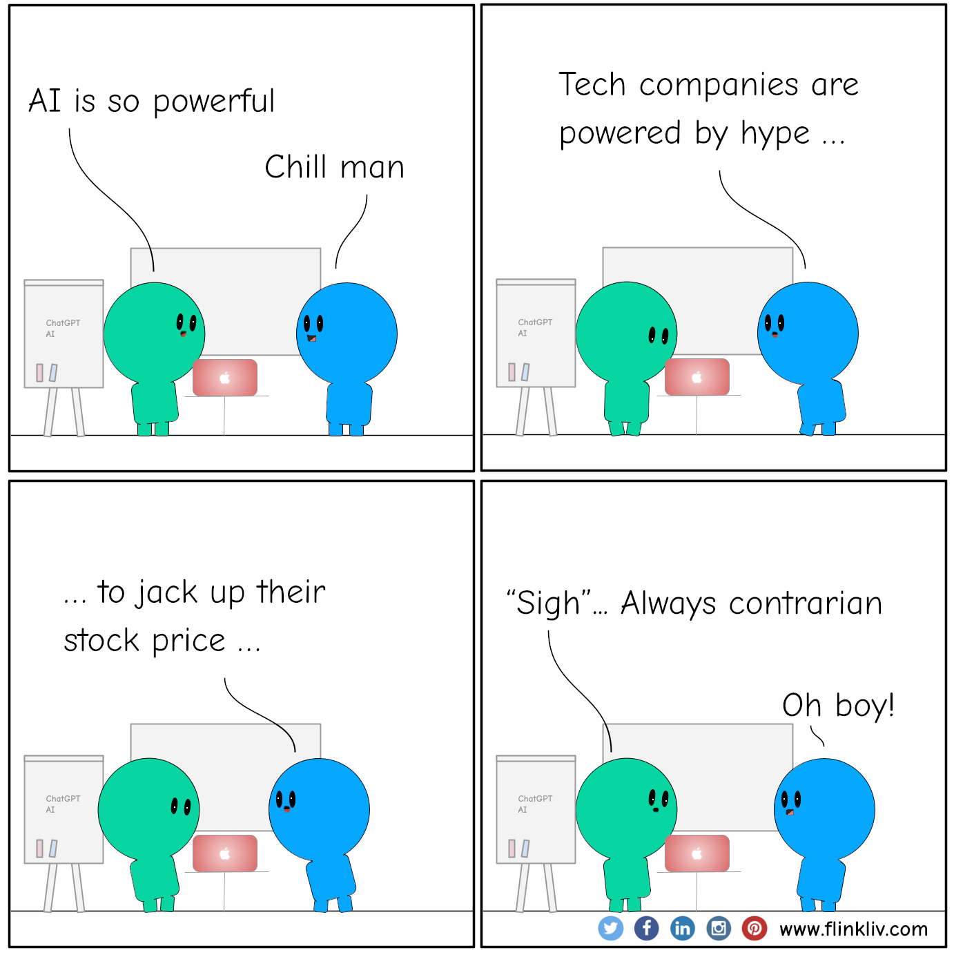 Conversation between A and B about Emotional Appeal fallacy using hype A: AI is so powerful B: Chill man B: Tech companies are powered by hype, to jack up their stock price A: “Sigh” Always contrarian B: Oh! boy. By flinkliv.com