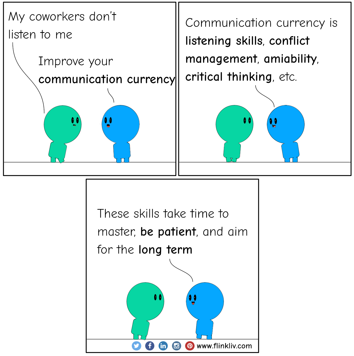 Conversation between A and B about communication currency A: My coworkers don’t listen to me. B: Improve your communication currency. B: It is listening, conflict management, amiability, critical thinking, etc. B: These skills take time to master, be patient, and aim for the long term. By flinkliv.com