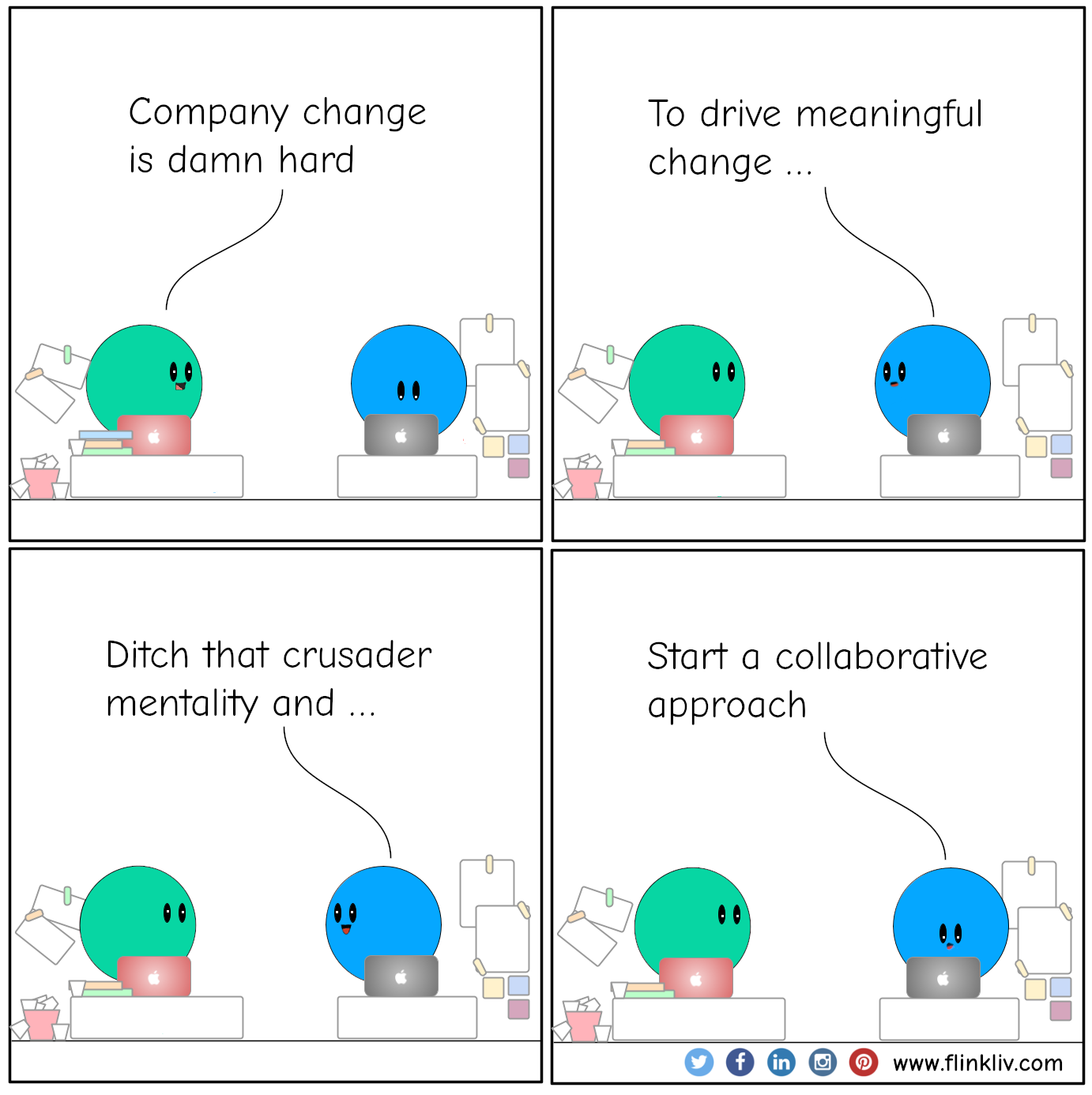 Conversation between A and B about how leaders have to shift from a crusader to a collaborative leader.
				A: Company change is damn hard
				B: To drive meaningful change
				B: Ditch that crusader mentality and start a collaborative approach
			