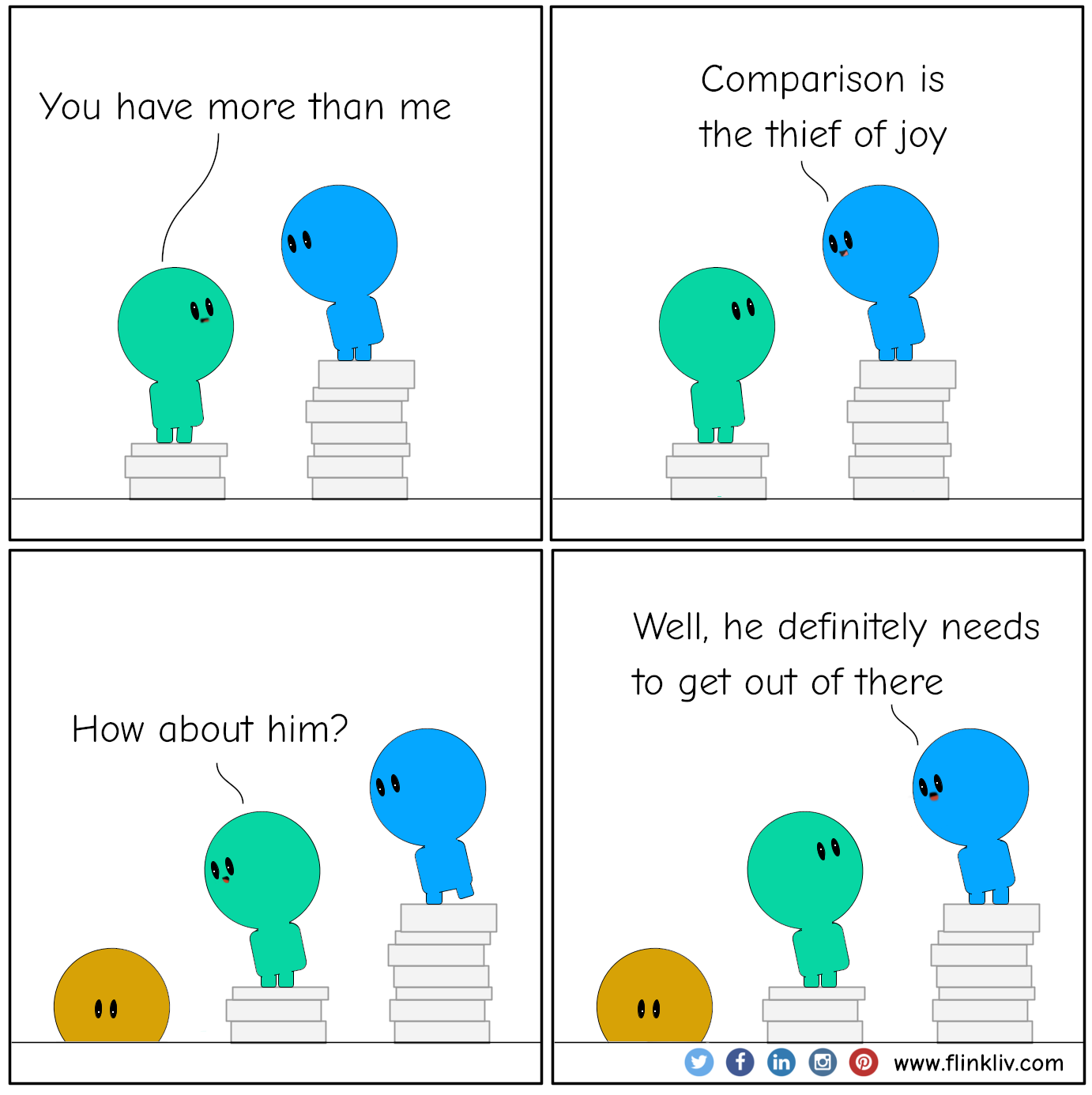 Conversation between A and B about relative deprivation. A: You have more than me B: Comparison is the thief of joy A: How about him? B: Well, he definitely needs to get out of there. By flinkliv.com