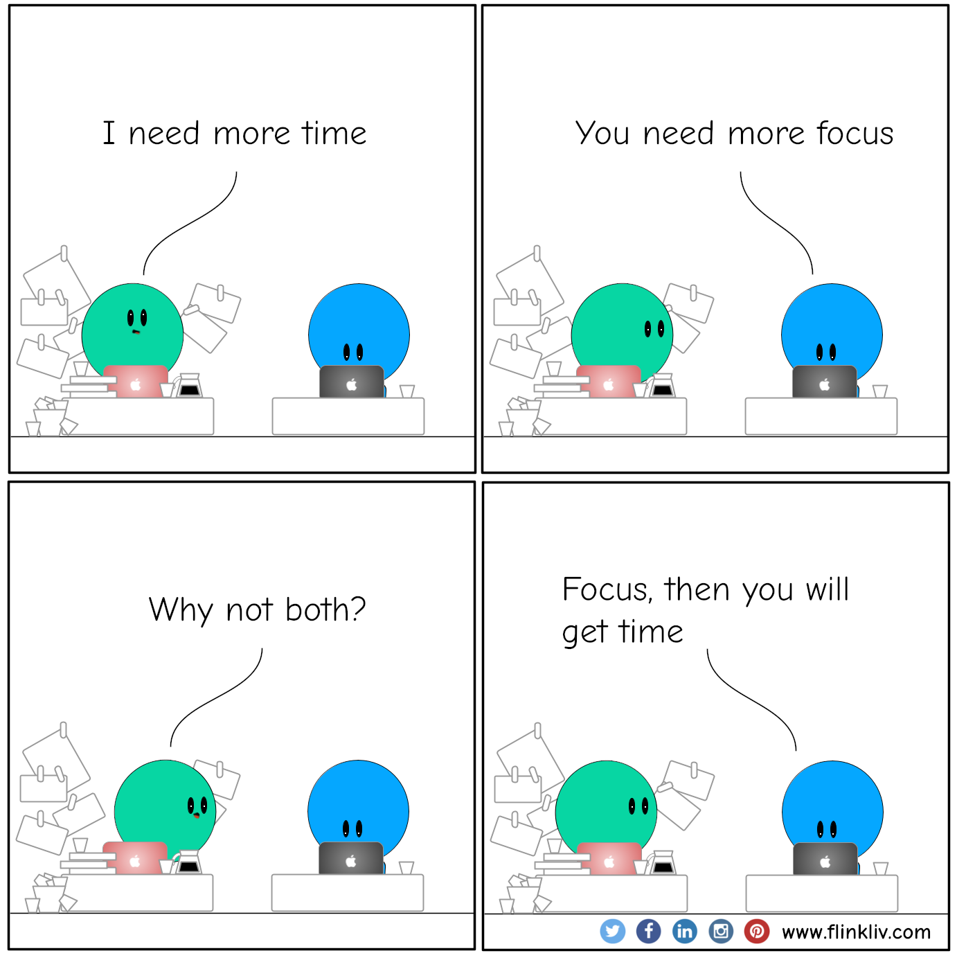 A conversation between A and B about how to do things
				A: I need more time
				B: You need more focus
				A: Why not both?
				B: Focus, then you will get time
              
