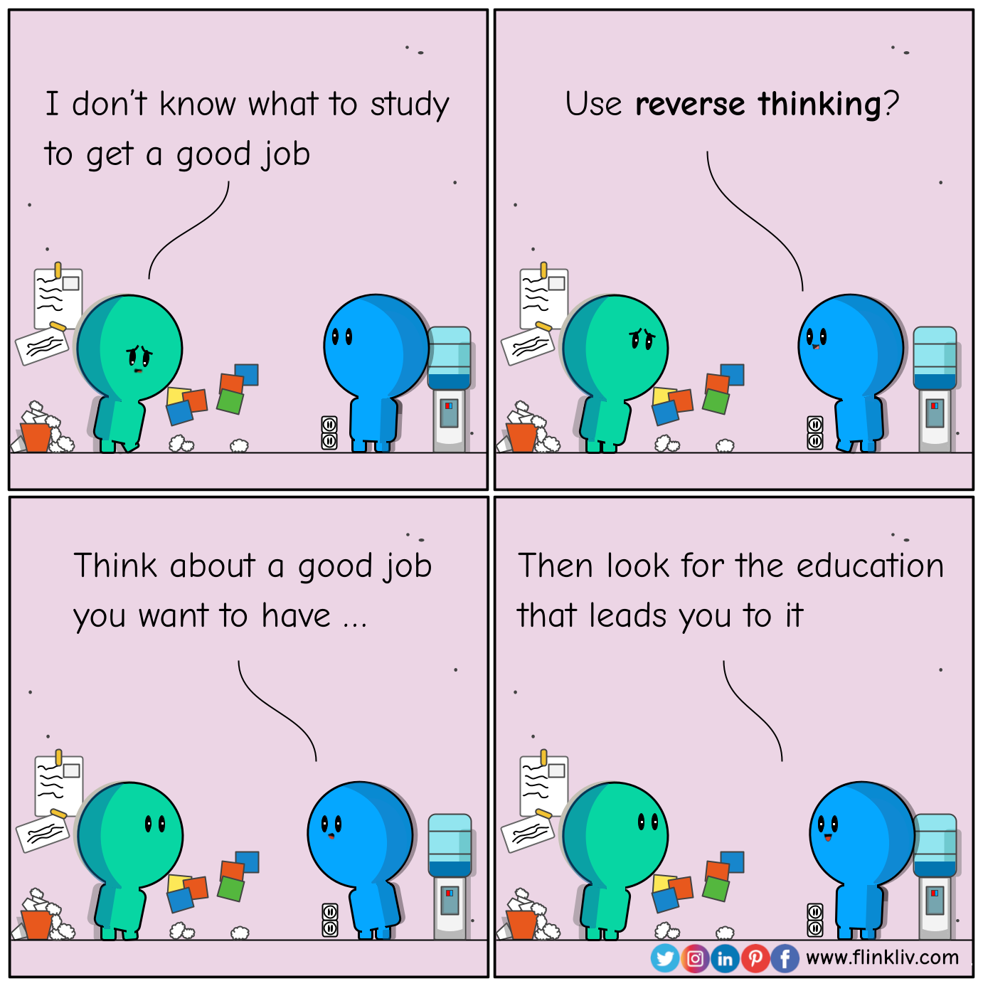 Conversation between A and B about how to get a good job with reverse thinking. A: I don’t know what to study or how to choose the right degree
              B: Why?
              A: I want to have a good job
              
              B: How about reverse thinking?
              A: What do you mean?
              
              B: Think about a good job you want to have, then look for the education that leads you to it
              A: Thanks
              