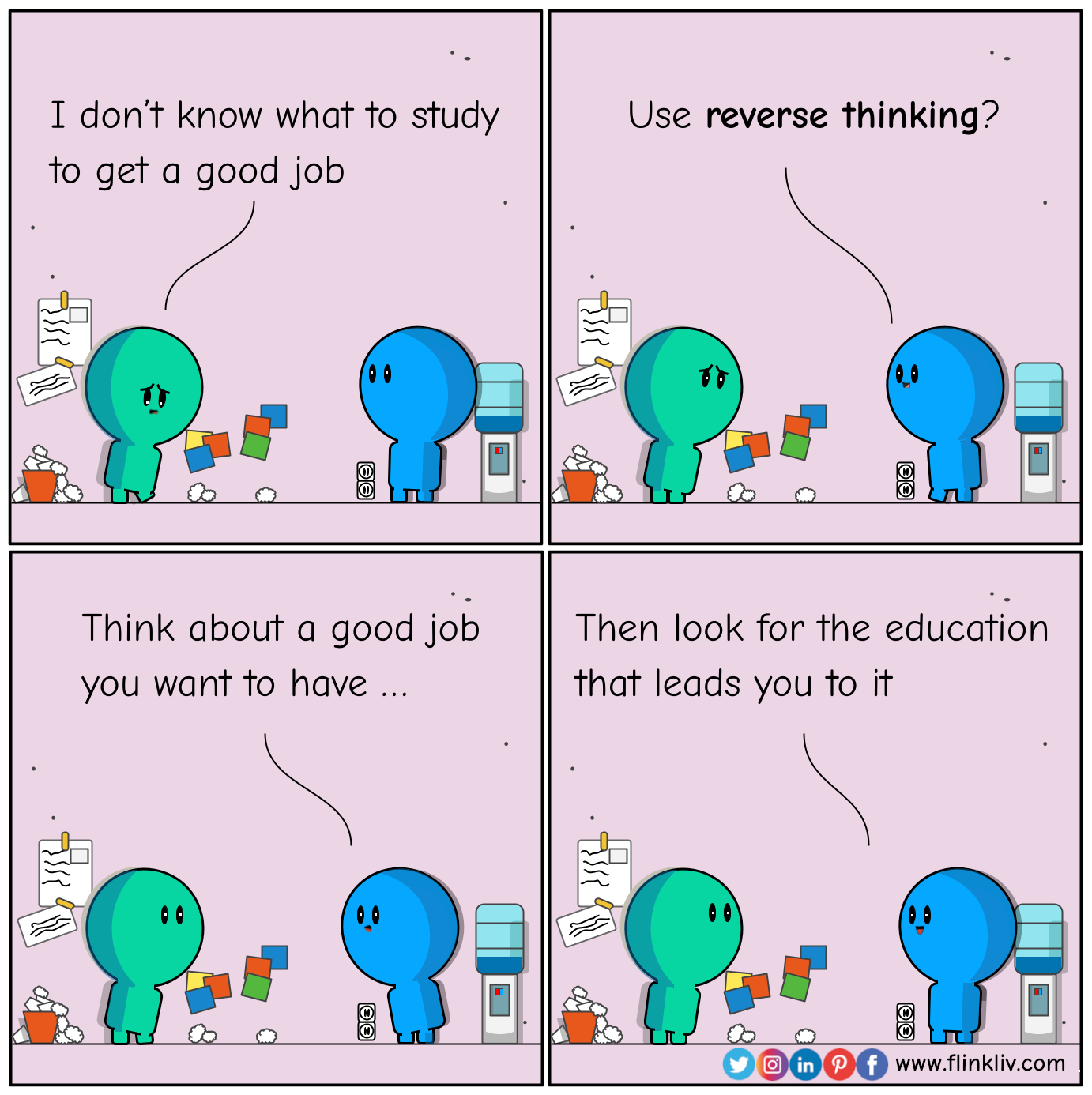 Conversation between A and B about how to get a good job with reverse thinking. Converaation between A and Ba bout reverse thinking A: I don’t know what to study to get a good job B: Use reverse thinking? A: What? B: Think about a good job, then look for the education that leads you to it A: Thanks