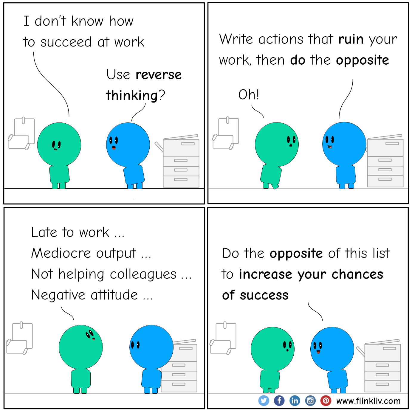 Conversation between A and B about how to succeed at work using reverse thinking. A: I don’t know how to succeed at work B: How about reverse thinking? A: What do you mean? B: Well, think about a list of things that ruins your work, then do the opposite A: Oh! A: Late to work. … mediocre work. … not getting along with colleagues … not helping colleagues … negative attitude … not offering a solution … etc. B: Well, do the opposite of this list, and your chances to succeed at work will increase